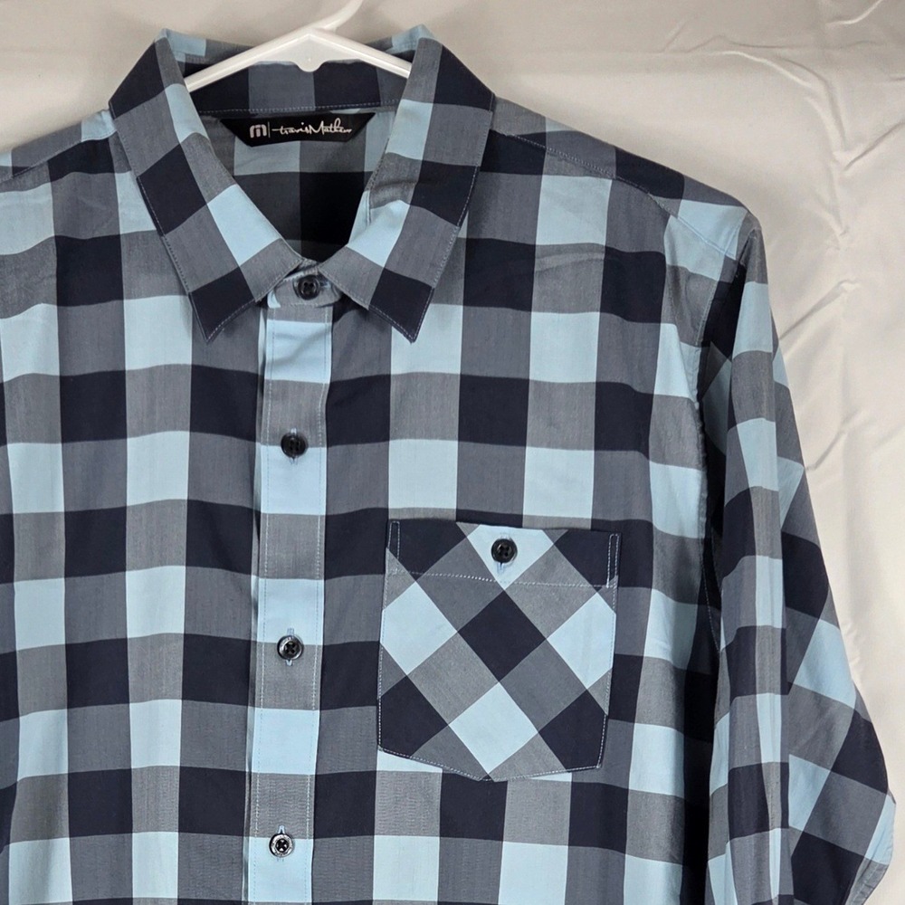 TravisMathew Mens Blue Buffalo Check Herringbone Button Down Shirt Large L